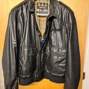 Men BARBOUR WAXED Cotton FLYER BOMBER PLAID LINED BLACK JACKET